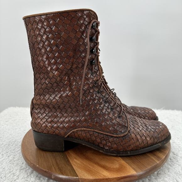 J. Peterman Shoes - J. Peterman Boots Womens 7.5 Brown Leather Weaved Granny Victorian Academia